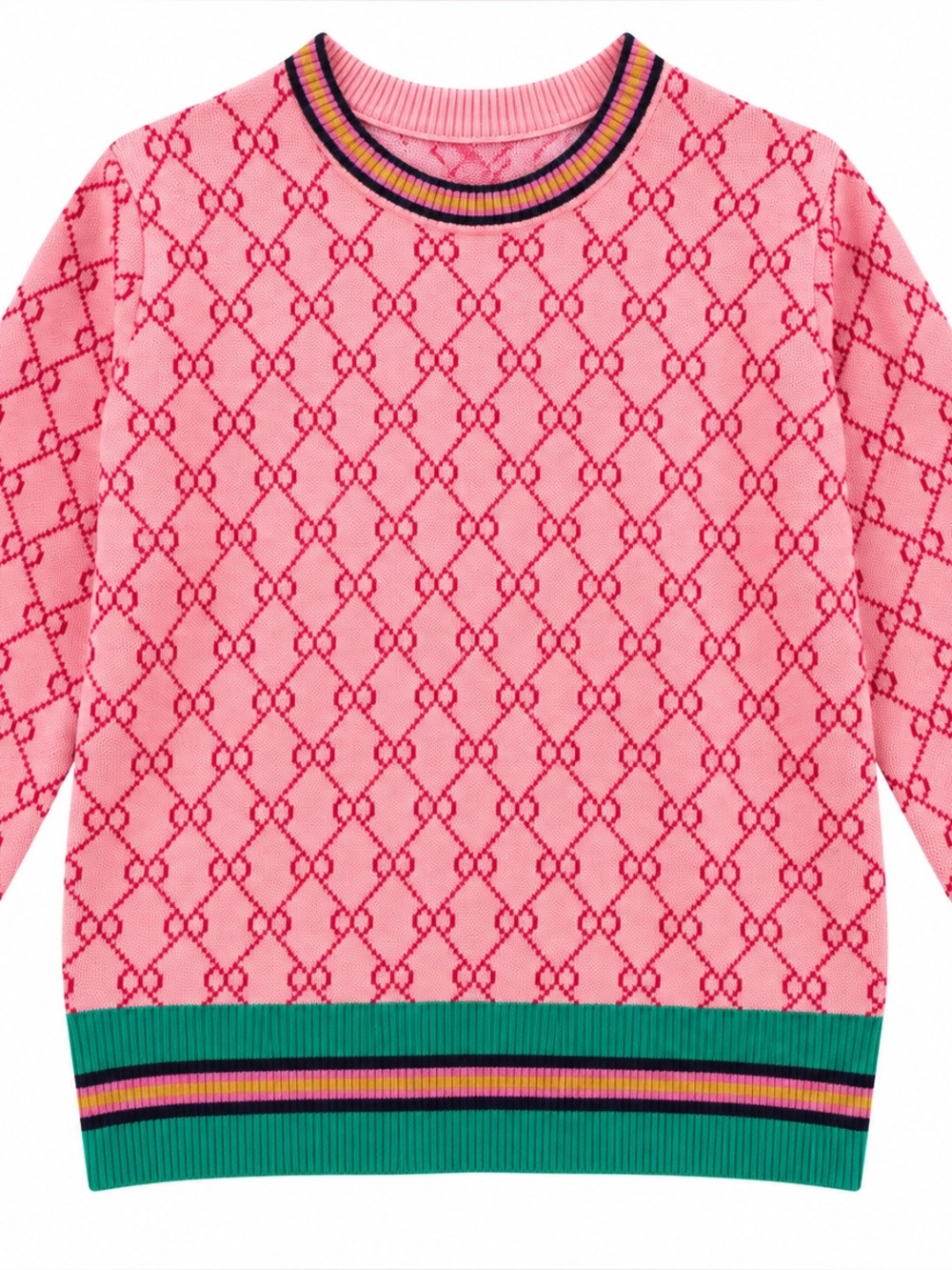 Pink Patterned Crewneck Sweater with Green Trim